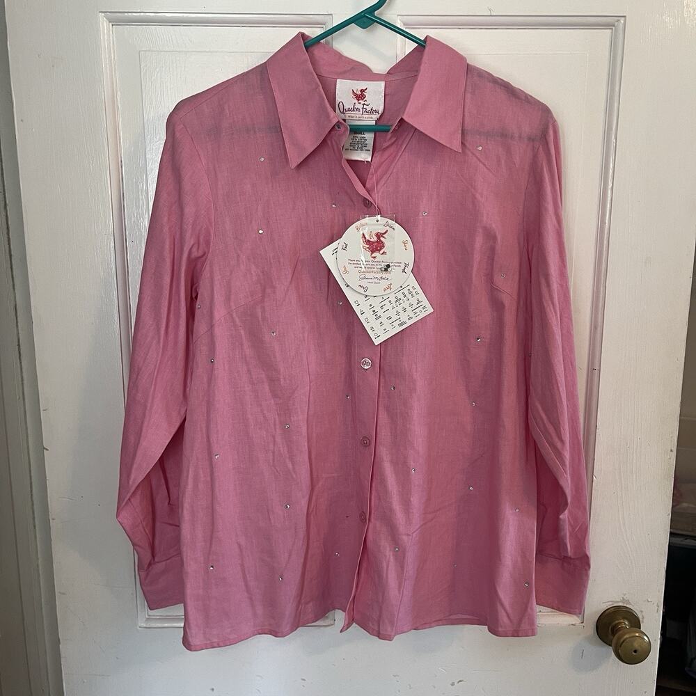 NWT Quacker Factory Women's Linen Button Up Pink Shirt S Rhinestone Funky Glam